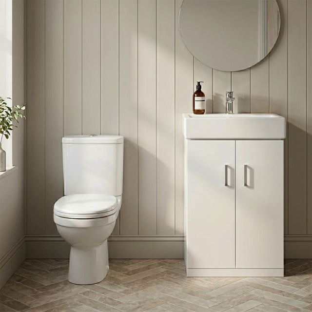 [BFZOR005] Cloakroom Suite - Floor Standing Vanity Basin Unit, Toilet and Seat - Gloss White - Silo