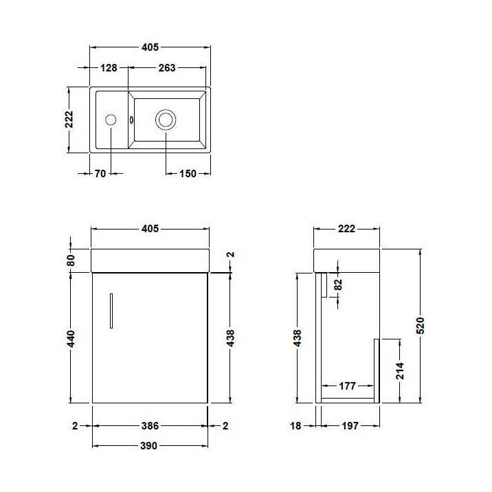 [BFZSA013] Freehay Floor Standing Cloakroom Set, Vanity Basin Unit, Toilet Pan, Cistern, Seat & Mini Basin Tap - Technical Drawing