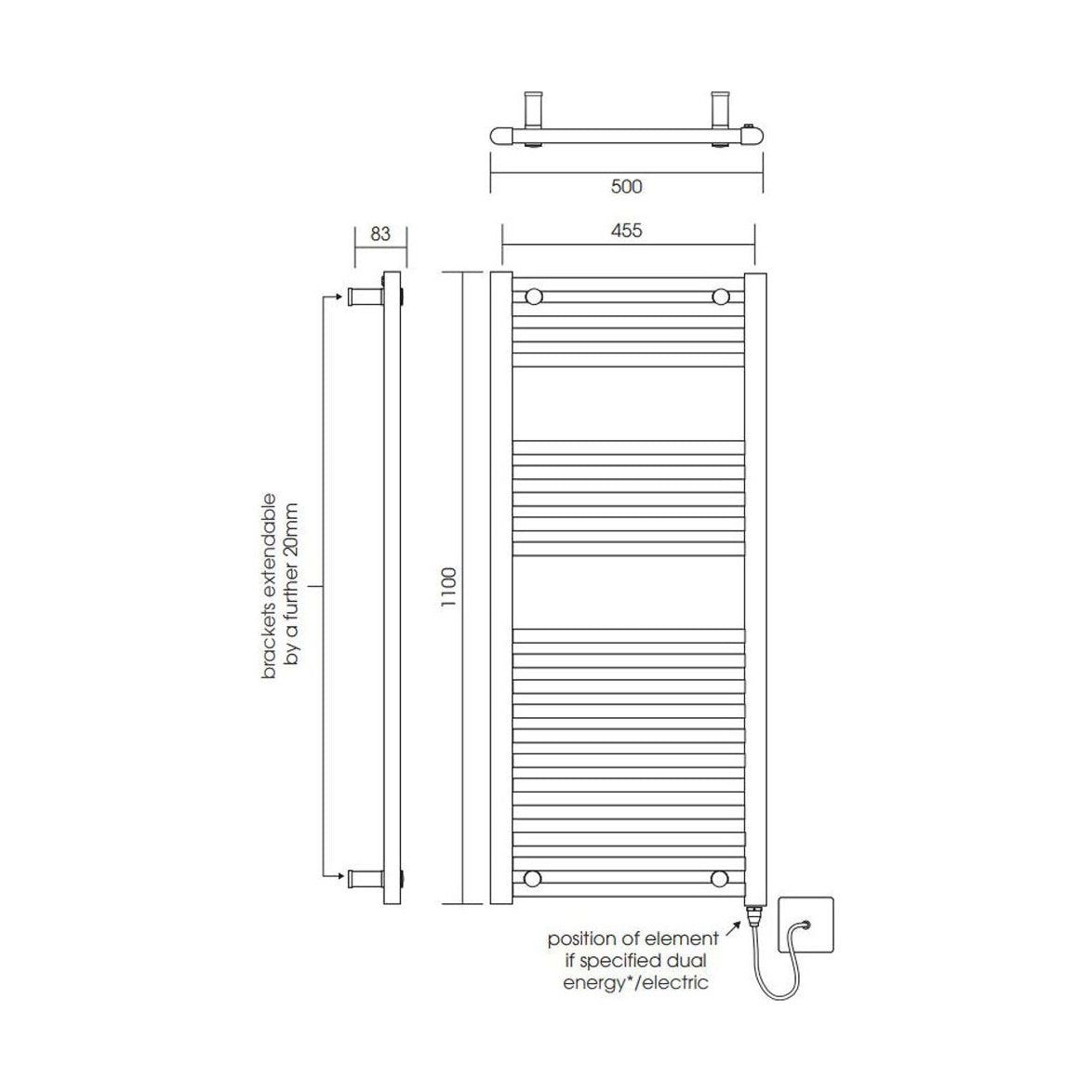 [BH511N] Yarnfield Straight Heated Rail Dual Fuel Towel Warmer, 500mm - Choice of Size and Colour - Technical Drawing
