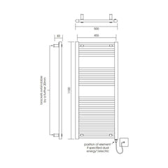 [BH511N] Yarnfield Straight Heated Rail Dual Fuel Towel Warmer, 500mm - Choice of Size and Colour - Technical Drawing