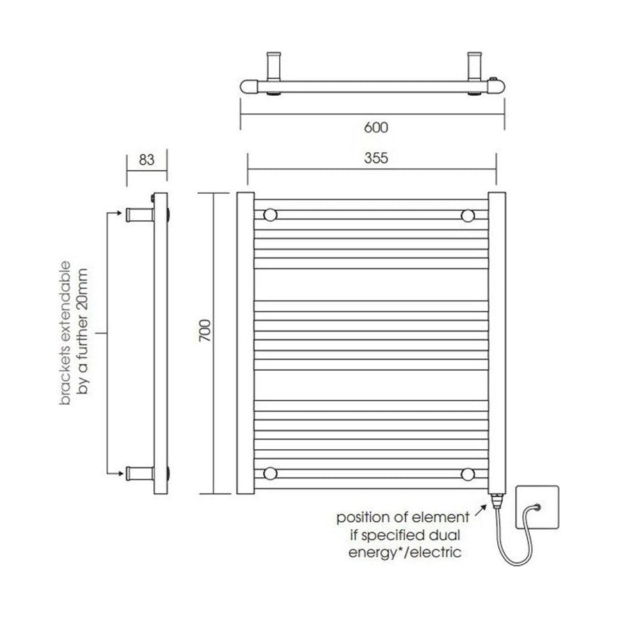 [BH607MB] Yarnfield Straight Heated Heated Towel Rail Radiator, 600mm - Choice of Size and Colour - Technical Drawing