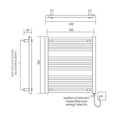 [BH607N] Yarnfield Straight Heated Heated Towel Rail Radiator, 600mm - Choice of Size and Colour - Technical Drawing