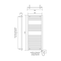 [BH611N] Yarnfield Straight Heated Heated Towel Rail Radiator, 600mm - Choice of Size and Colour - Technical Drawing
