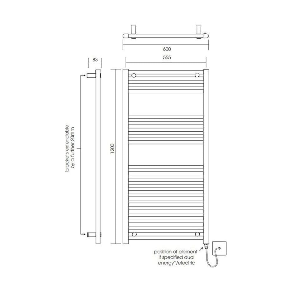 [BH612N] Yarnfield Straight Heated Heated Towel Rail Radiator, 600mm - Choice of Size and Colour - Technical Drawing