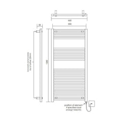 [BH612N] Yarnfield Straight Heated Heated Towel Rail Radiator, 600mm - Choice of Size and Colour - Technical Drawing