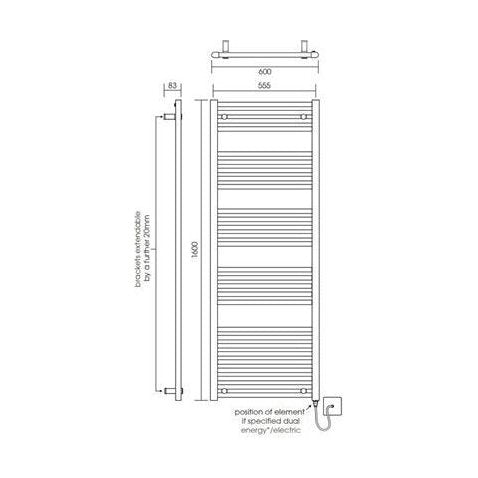 [BH616MB] Yarnfield Straight Heated Heated Towel Rail Radiator, 600mm - Choice of Size and Colour - Technical Drawing
