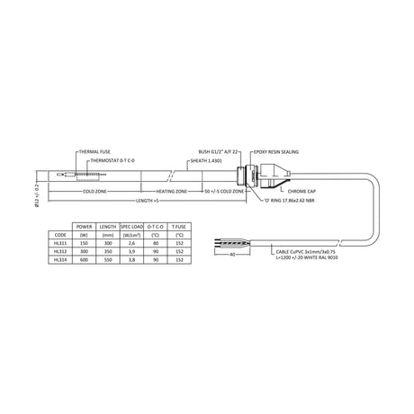 [BHAC314] Electric Towel Rail Heating Elements - 600 Watts - Chrome - Technical Drawing