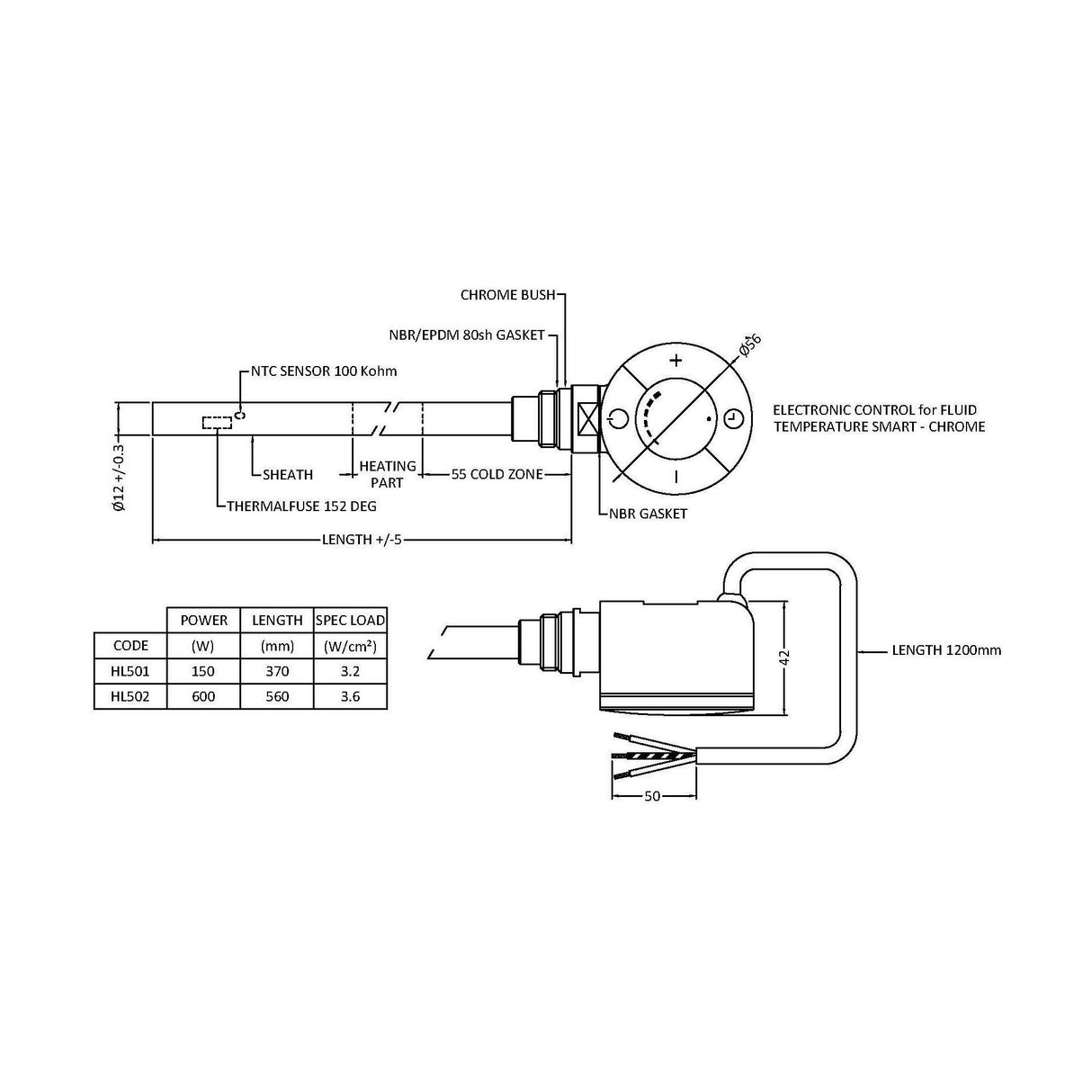 [BHAC502] Balterley Contemporary Electric Towel Rail Thermostatic Heating Element 600W - Chrome - Technical Drawing