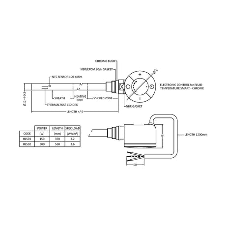 [BHAC502] Balterley Contemporary Electric Towel Rail Thermostatic Heating Element 600W - Chrome - Technical Drawing
