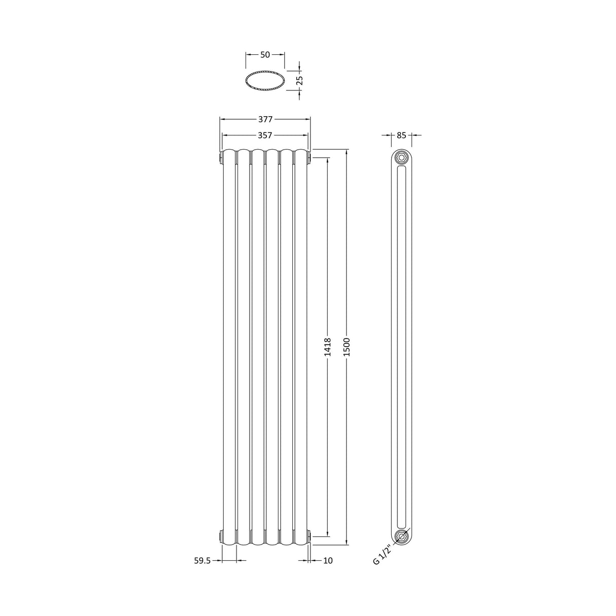 [BHAS002] Balterley Aspire Vertical Double Panel Radiator, 1500mm x 383mm - Gloss White - Technical Drawing
