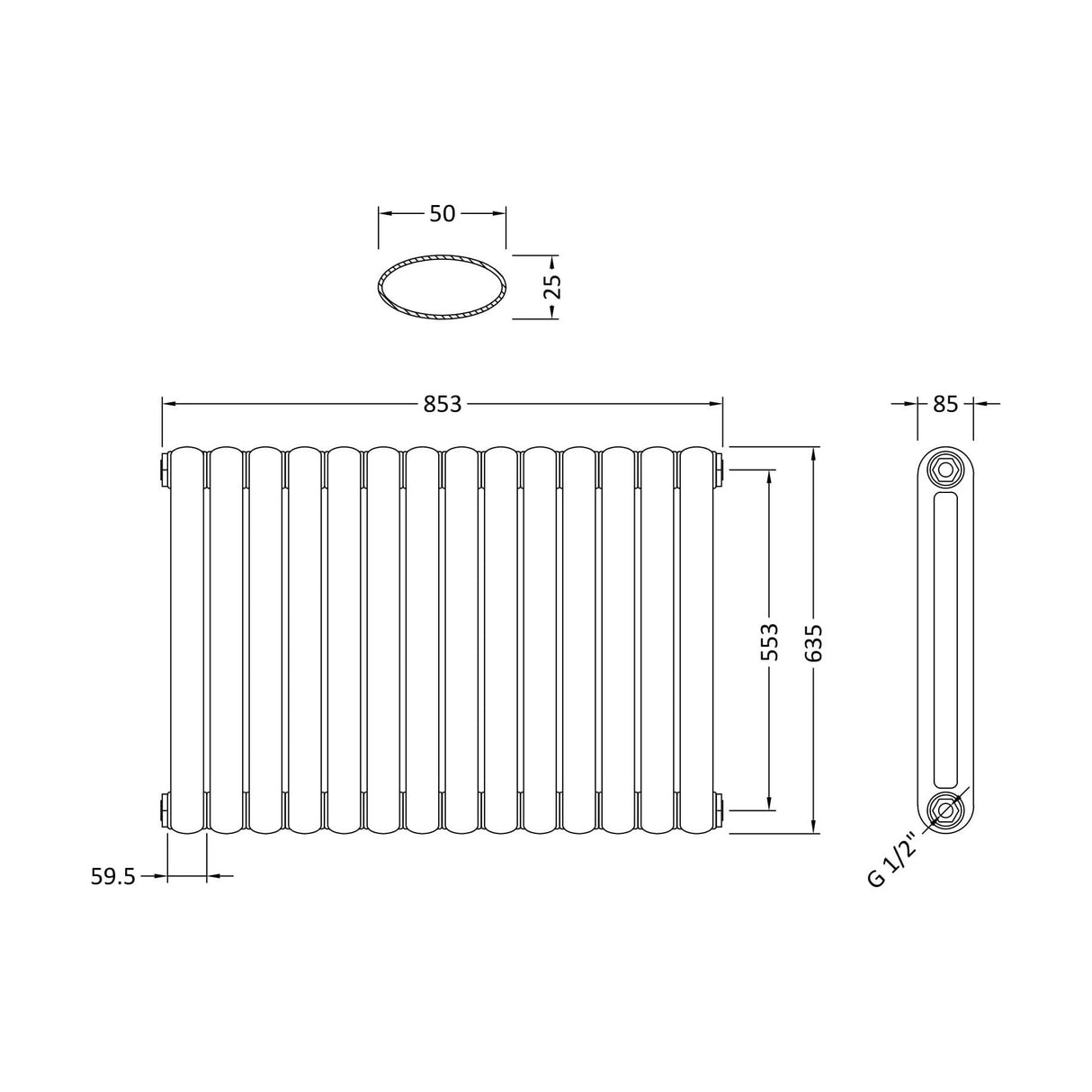 [BHAS004] Balterley Aspire Horizontal Double Panel Radiator, 635mm x 863mm - Gloss White - Technical Drawing