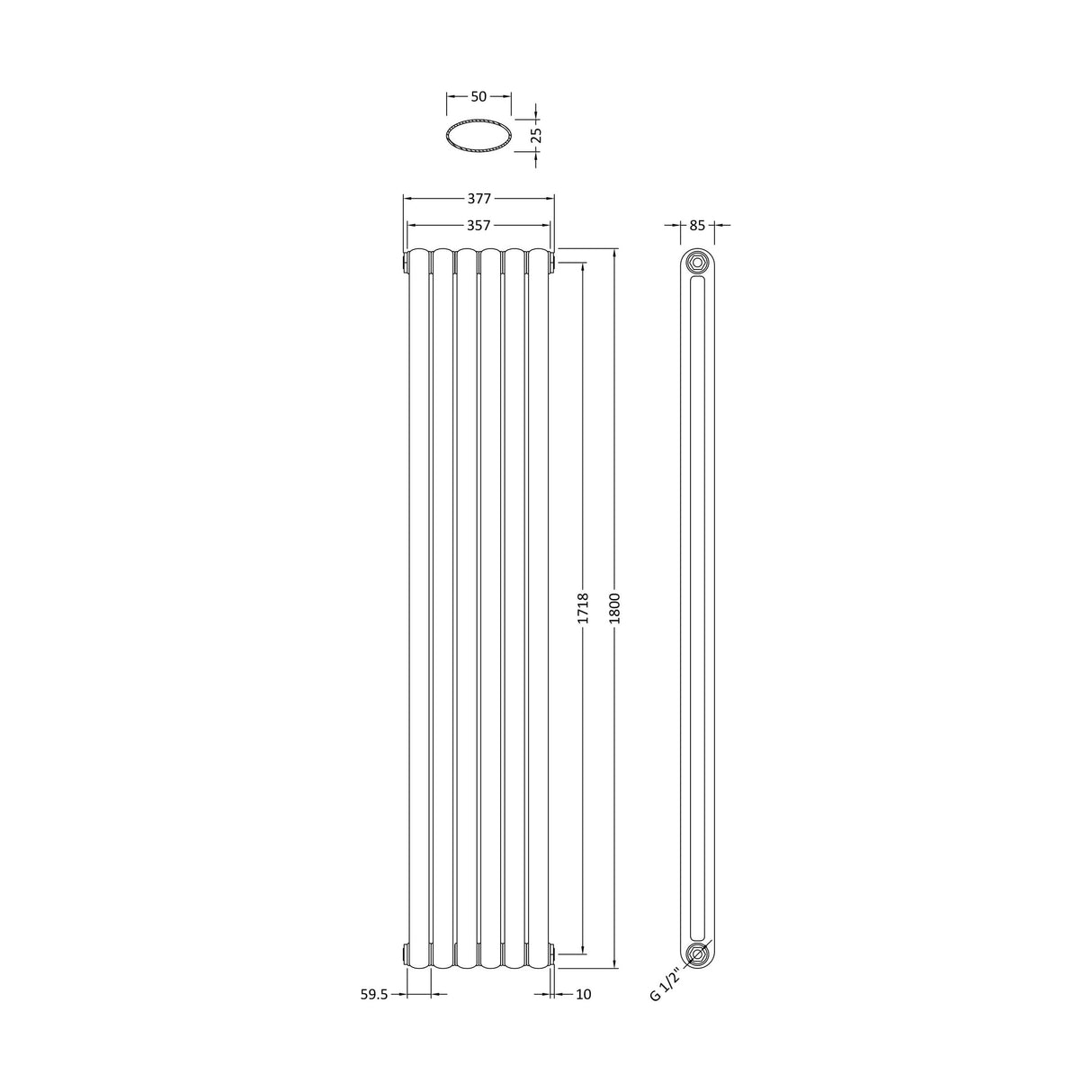 [BHAS005] Balterley Aspire Vertical Double Panel Radiator, 1800mm x 383mm - Anthracite - Technical Drawing