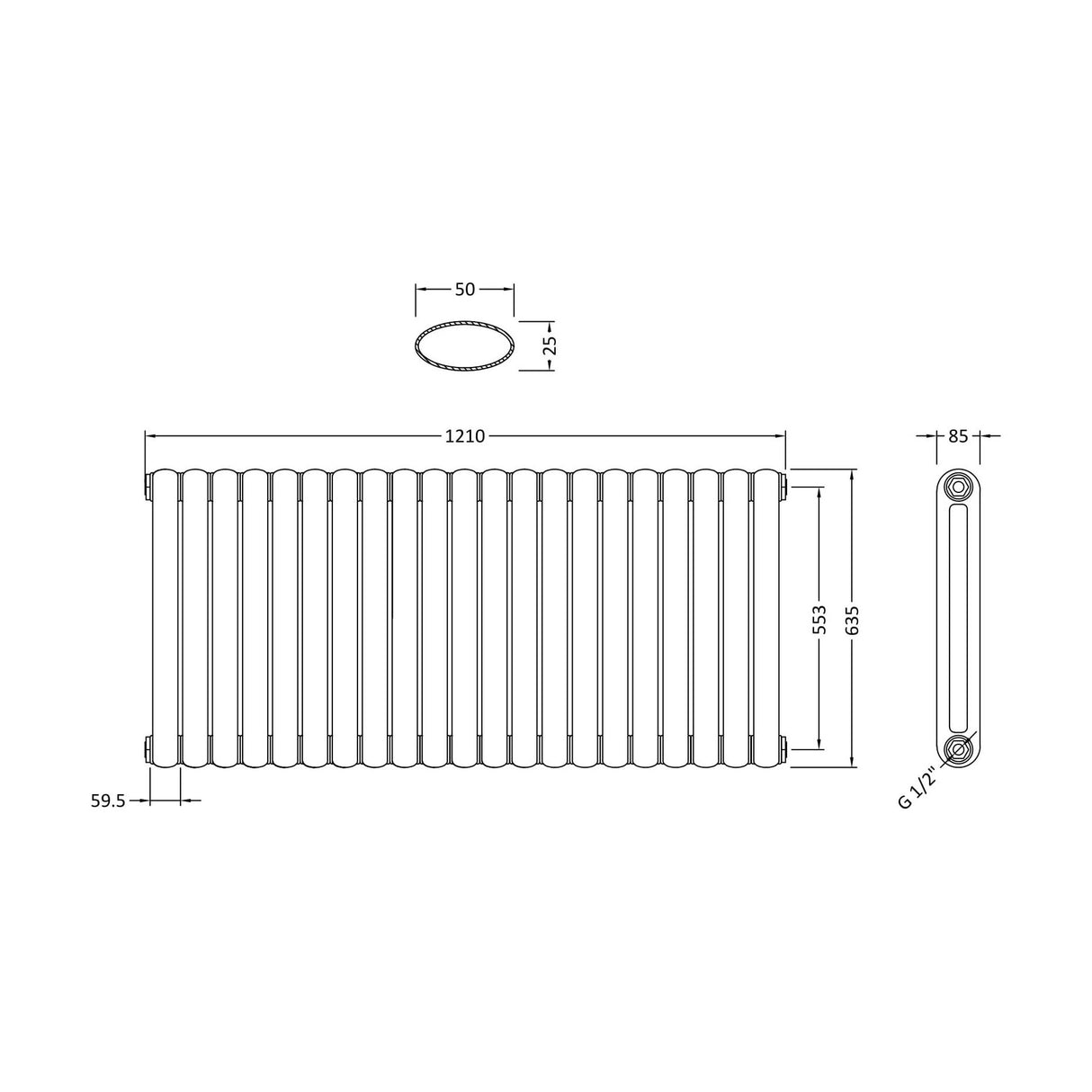 [BHAS007] Balterley Aspire Horizontal Double Panel Radiator, 635mm x 1223mm - Anthracite - Technical Drawing