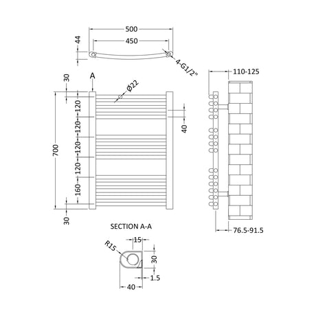 [BHCL102] Balterley Contemporary Heated Vertical Towel Rail with Curved Rails, 1051 BTU, 700mm x 500mm Bathroom Radiator - Anthracite - Technical Drawing