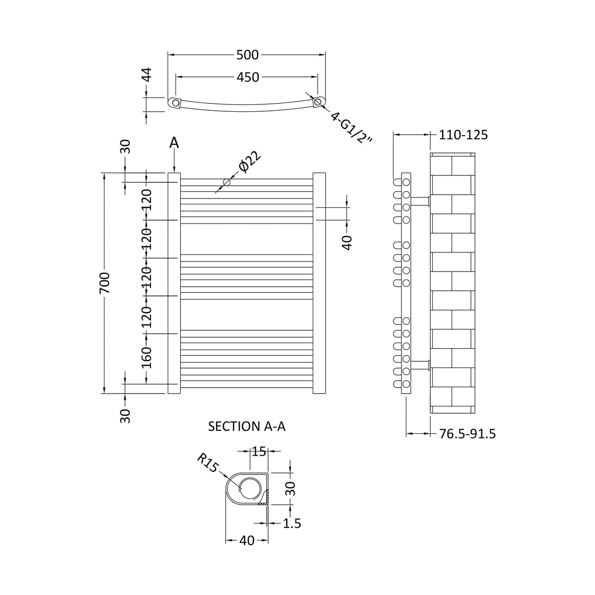 [BHCL385] Heated Vertical Towel Rail with Curved Rails - 710 BTU - 700mm x 500mm - Chrome - Technical Drawing