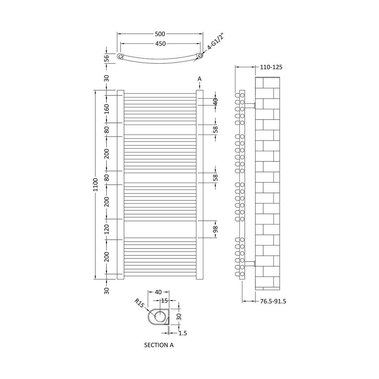 [BHCL386] Heated Vertical Towel Rail with Curved Rails - 1126 BTU - 1100mm x 500mm - Chrome - Technical Drawing