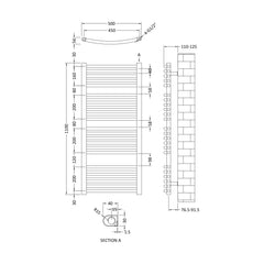 [BHCL386] Heated Vertical Towel Rail with Curved Rails - 1126 BTU - 1100mm x 500mm - Chrome - Technical Drawing