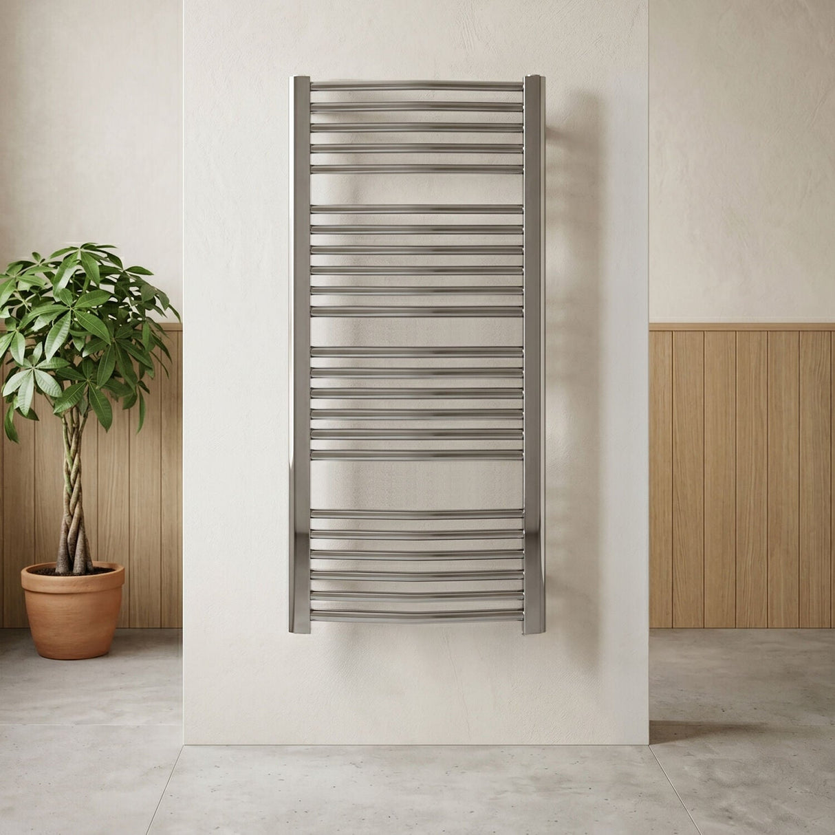 [BHCL386] Brewood Contemporary Heated Vertical Towel Rail with Curved Rails, Chrome, Choice of Size - Silo