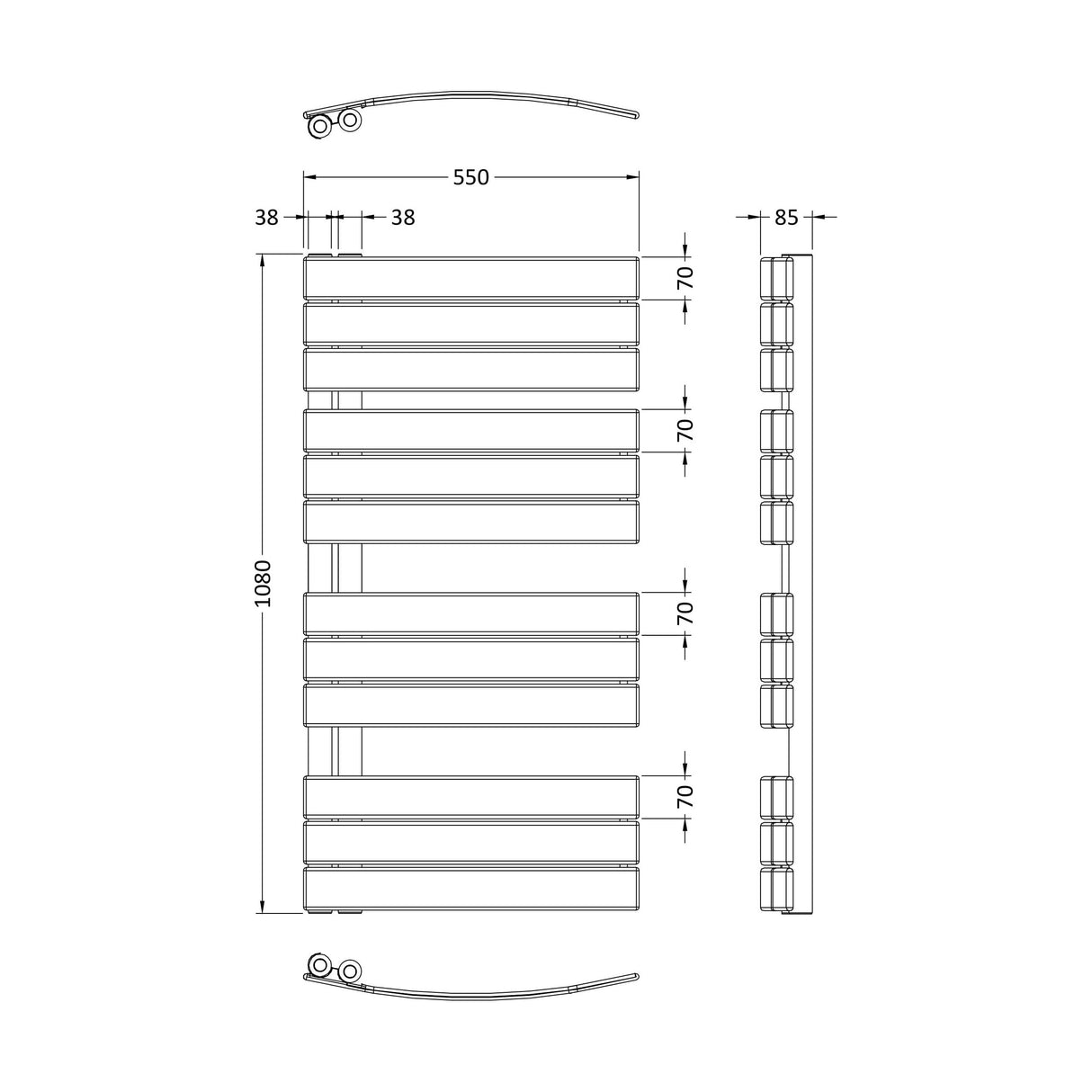 [BHCLA36] Heated Towel Rail with Curved Panels, 1706 BTU, 1080x550mm, Anthracite - Technical Drawing