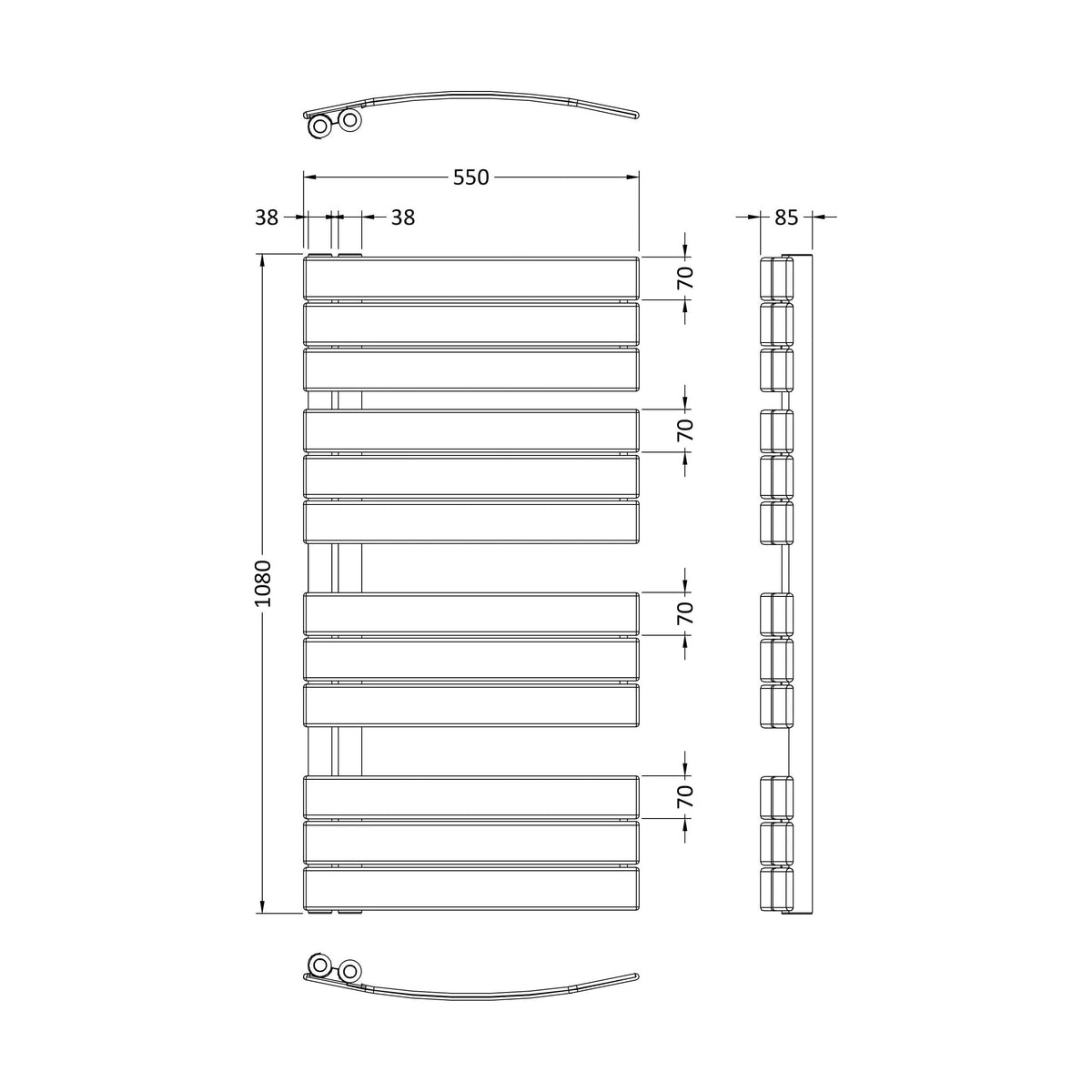 [BHCLA36] Contemporary Heated Towel Rail with Curved Panels, 1080 x 550mm - Choice of Colour - Technical Drawing