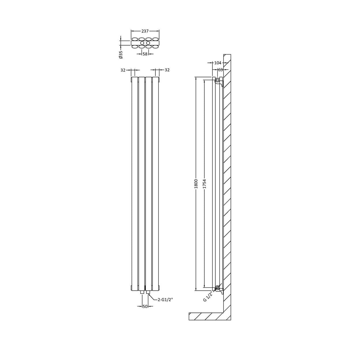 [BHEB007] Balterley Embrace Compact Vertical Double Panel Radiator 1800mm x 236mm - Gloss White - Technical Drawing