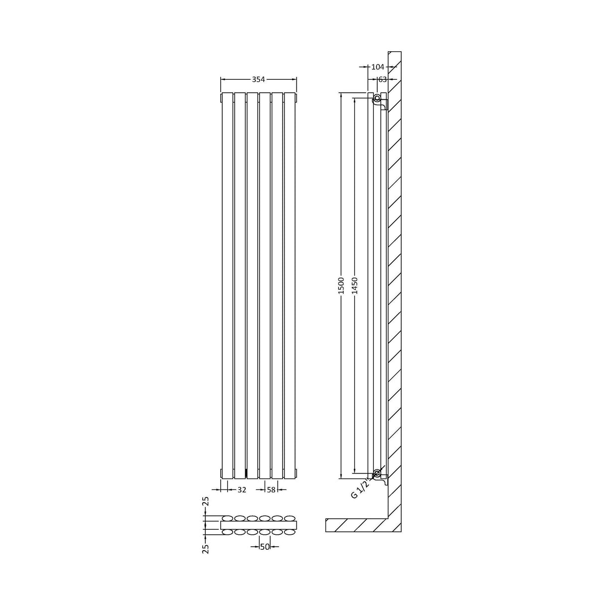 [BHEB326] Balterley Embrace Vertical Double Panel Radiator, 1800mm x 354mm - Gloss White - Technical Drawing