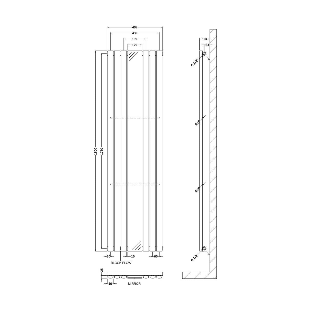 [BHEB330] Balterley Embrace Vertical Single Panel Radiator with Mirror, 1800mm x 499mm - Gloss White - Technical Drawing