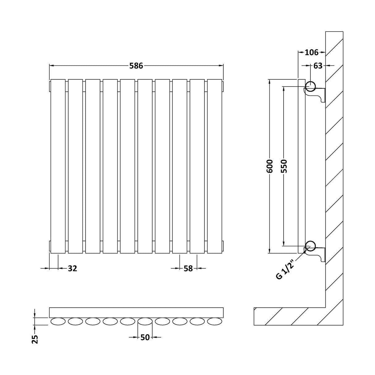 [BHEB338] Balterley Embrace Horizontal Single Panel Radiator, 600mm x 586mm - Gloss White - Technical Drawing