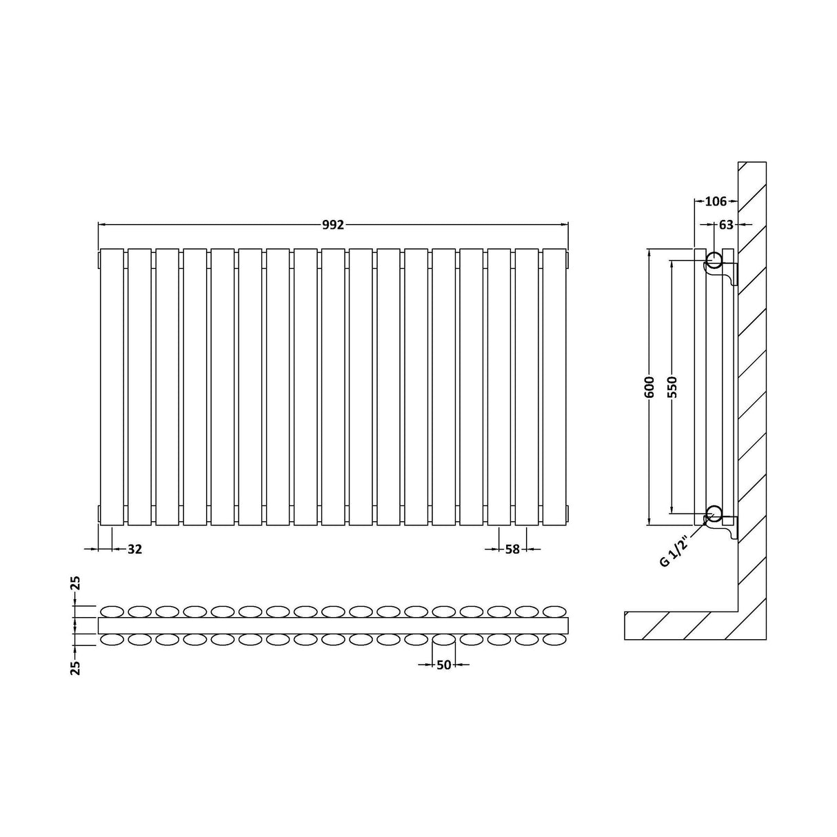[BHEB339D] Balterley Embrace Horizontal Double Panel Radiator, 600mm x 992mm - Gloss White - Technical Drawing
