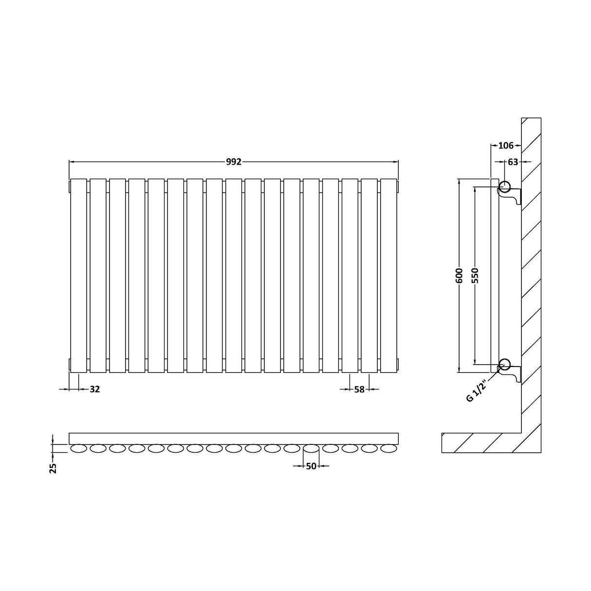 [BHEB339] Balterley Embrace Horizontal Single Panel Radiator, 600mm x 992mm - Gloss White - Technical Drawing