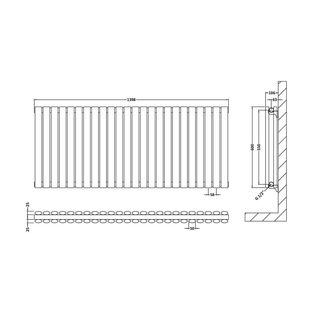 [BHEB340D] Balterley Embrace Horizontal Double Panel Radiator, 600mm x 1398mm - Gloss White - Technical Drawing