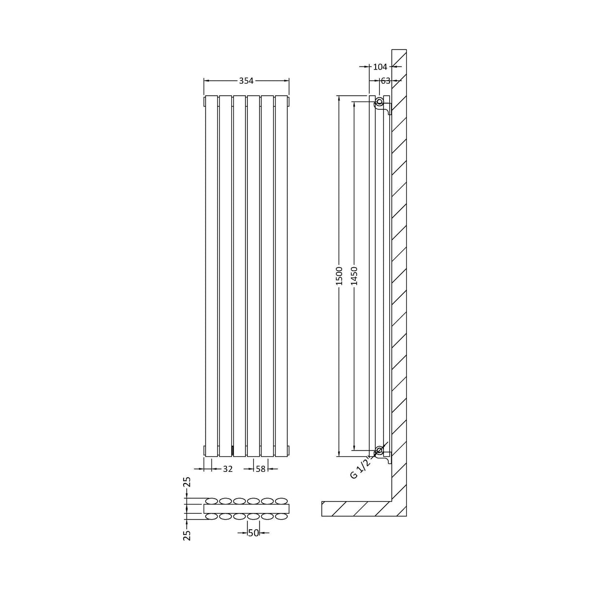 [BHEB368] Balterley Embrace Vertical Double Panel Radiator, 1500mm x 354mm - Gloss White - Technical Drawing
