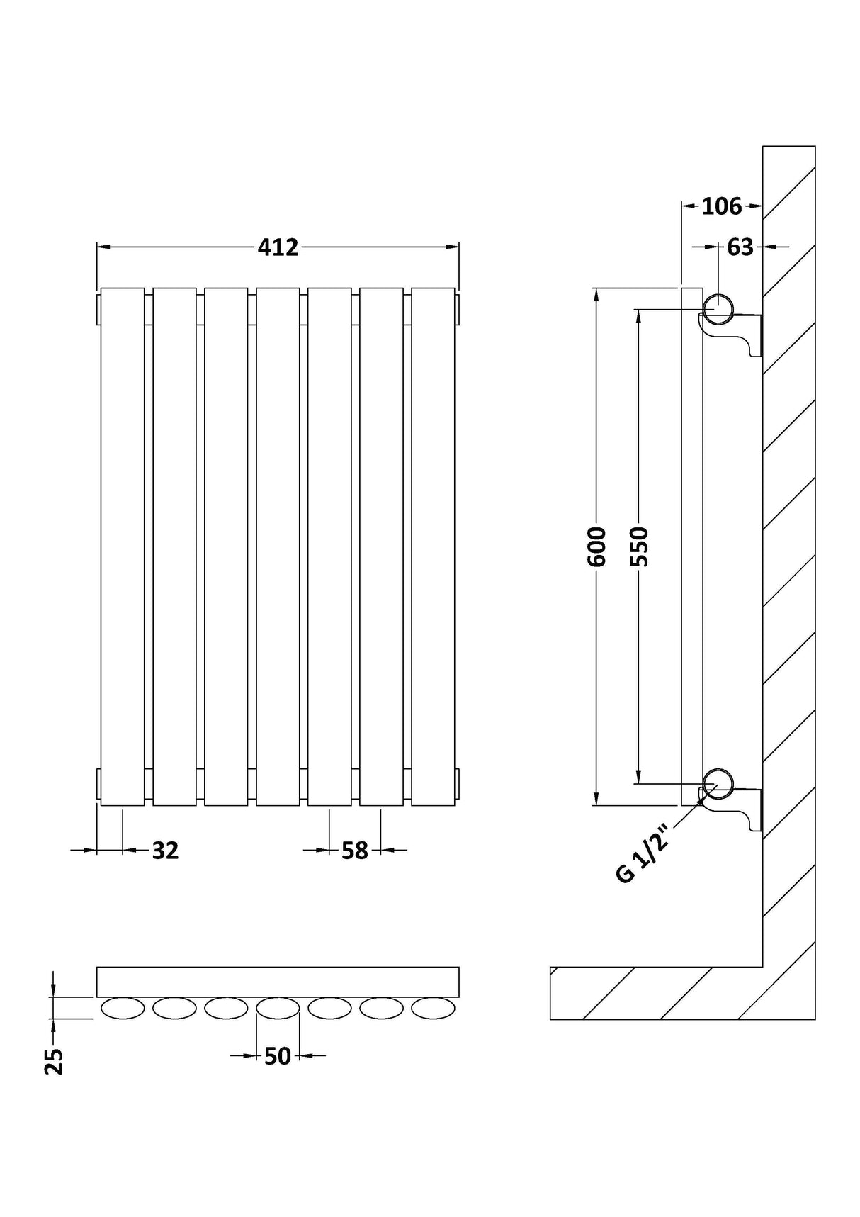 [BHEBA37] Pattingham Horizontal Single Panel Radiator, Choice of Size and Colour - Line Drawing