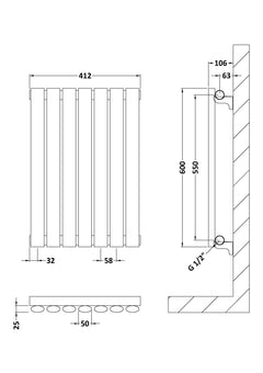 [BHEBA37] Pattingham Horizontal Single Panel Radiator, Choice of Size and Colour - Line Drawing