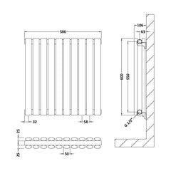 [BHEBA38D] Balterley Embrace Horizontal Double Panel Radiator, 600mm x 586mm - Anthracite - Technical Drawing