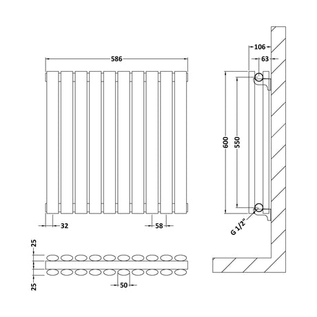 [BHEBA38D] Balterley Embrace Horizontal Double Panel Radiator, 600mm x 586mm - Anthracite - Technical Drawing