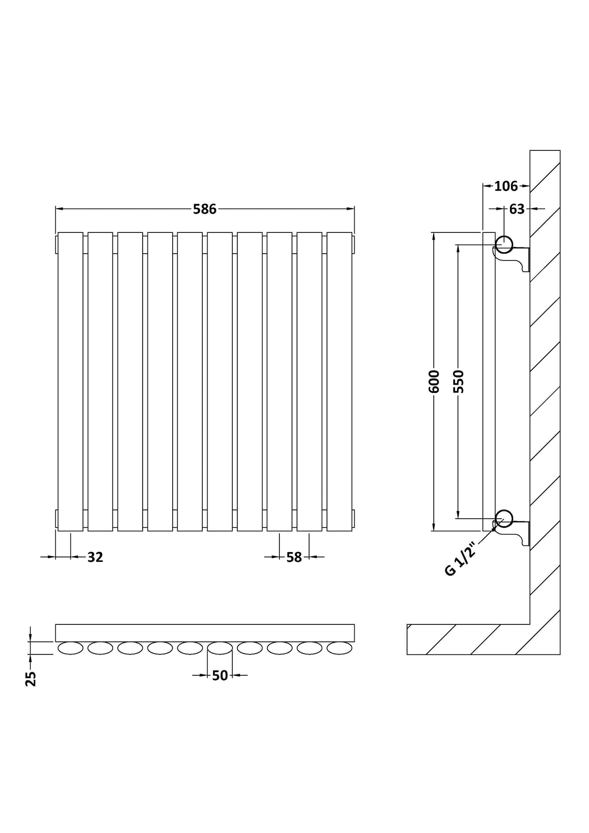 [BHEBA38] Pattingham Horizontal Single Panel Radiator, Choice of Size and Colour - Line Drawing