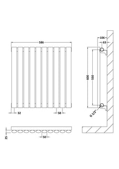 [BHEBA38] Pattingham Horizontal Single Panel Radiator, Choice of Size and Colour - Line Drawing