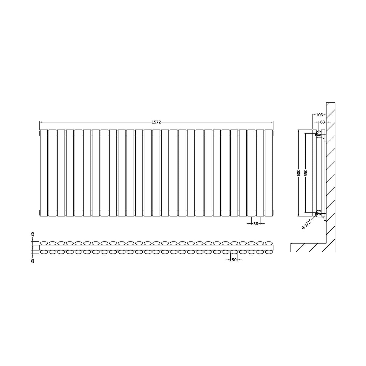 [BHEBA42D] Balterley Embrace Horizontal Double Panel Radiator, 600mm x 1572mm - Anthracite - Technical Drawing