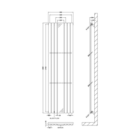 [BHEBA78] Balterley Embrace Vertical Single Panel Radiator with Mirror, 1800mm x 499mm - Anthracite - Technical Drawing
