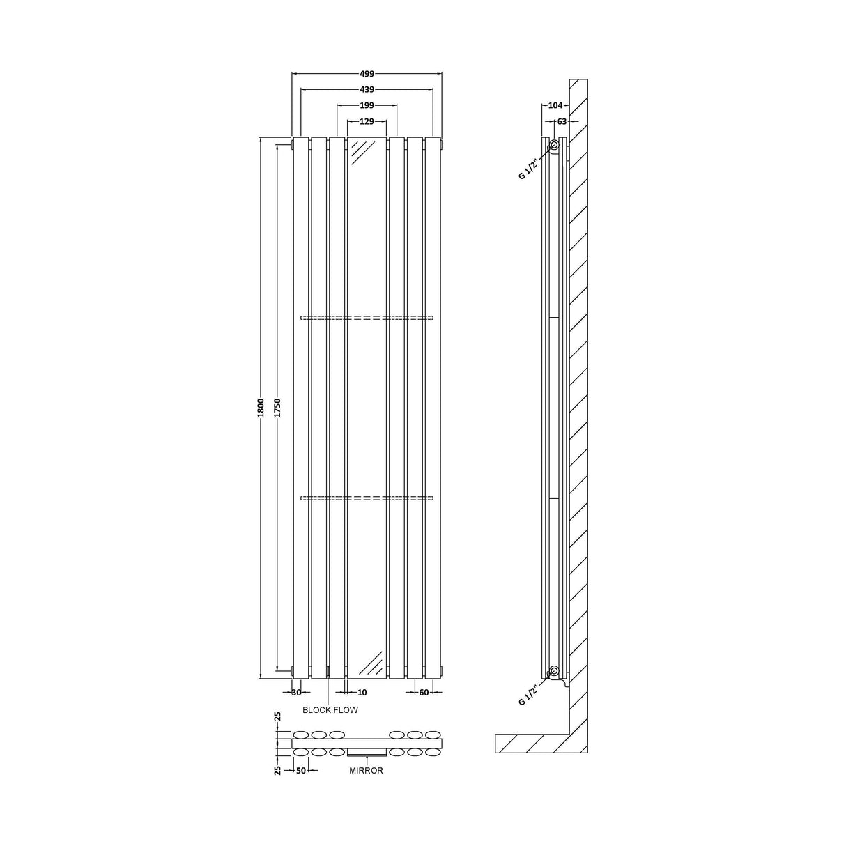 [BHEBA79] Balterley Embrace Vertical Double Panel Radiator with Mirror, 1800mm x 499mm - Anthracite - Technical Drawing