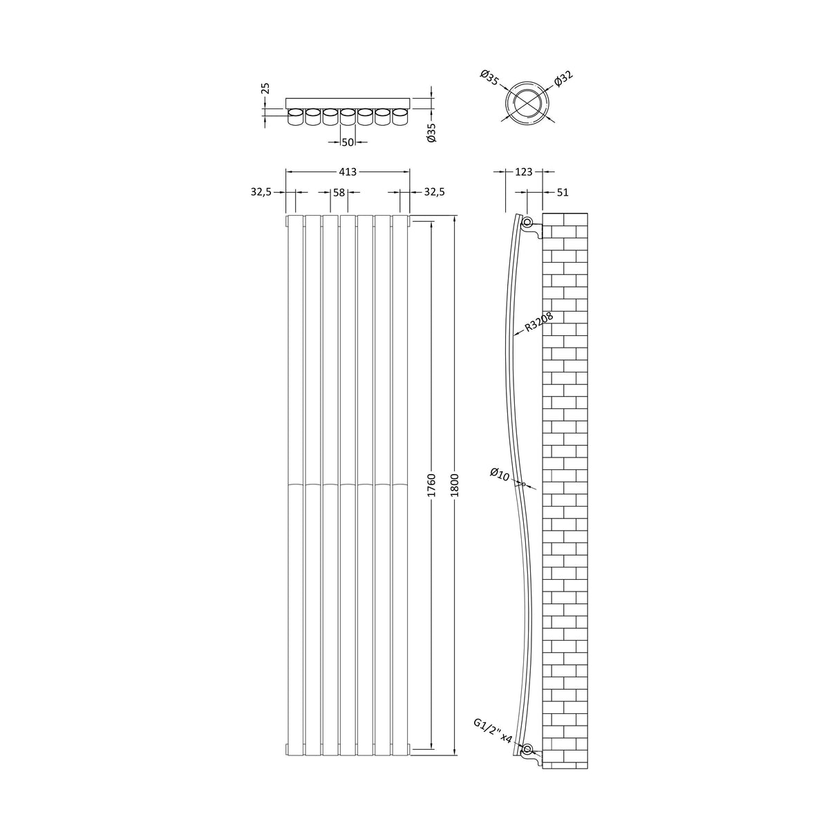 [BHEBA95] Balterley Embrace Wave Vertical Single Panel Radiator, 1785mm x 413mm - Anthracite - Technical Drawing