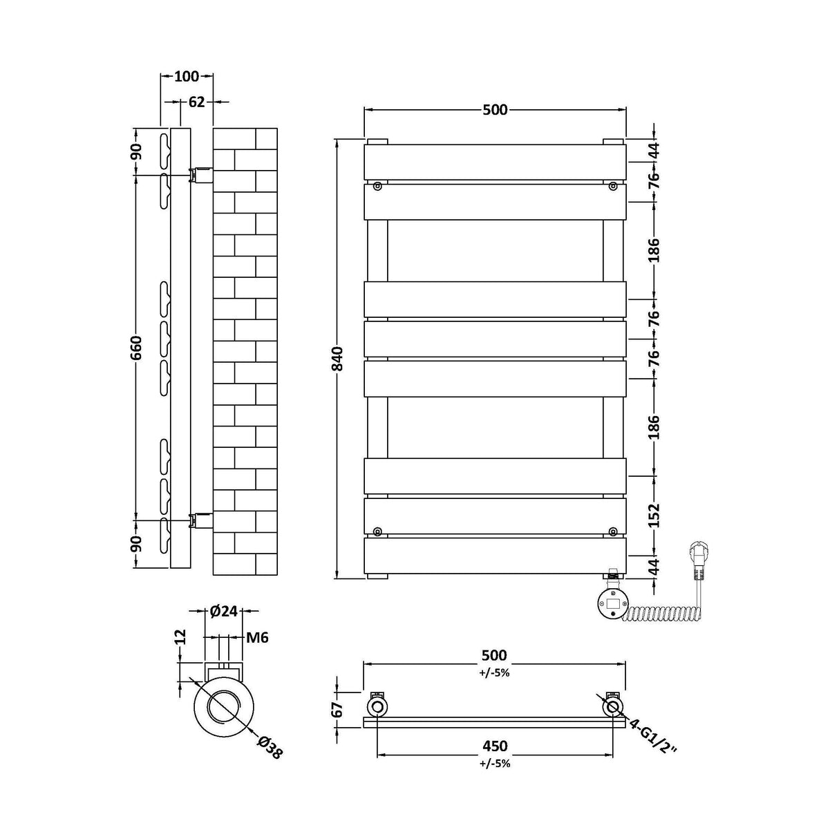 [BHEF158] Electric Square Flat Heated Towel Rail with 8 Bars, 840 x 500mm, Anthracite - Technical Drawing