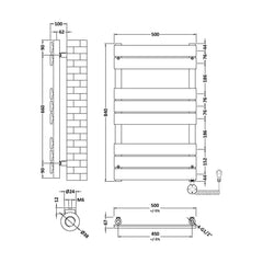 [BHEF358] Electric Square Flat Heated Towel Rail with 8 Bars, 840mm x 500mm, Chrome - Technical Drawing