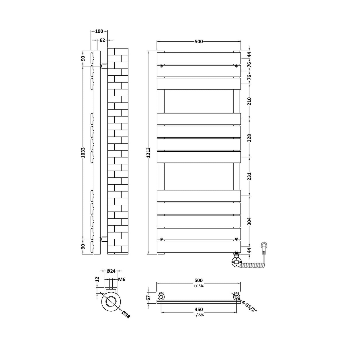 [BHEF359] Electric Square Flat Heated Towel Rail with 12 Bars, 1213 x 500, Anthracite - Technical Drawing