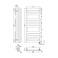 [BHEF459] Electric Square Flat Heated Towel Rail with 12 Bars, 1213 x 500, Anthracite - Technical Drawing