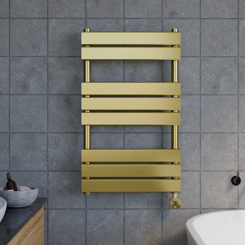 [BHEF858] Square Flat Heated Towel Rail with 8 Bars, 840 x 500mm, Brushed Brass - Lifestyle 1