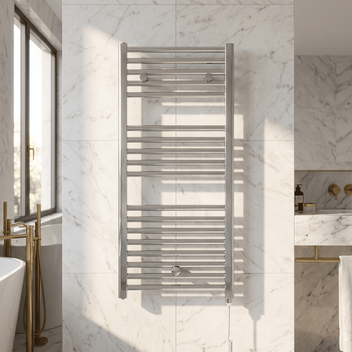 [BHEL151] Ellastone Electric Vertical Round Towel Rail with 18 Rails, 920mm x 480mm, Choice of Colour