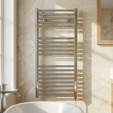 [BHEL151] Ellastone Electric Vertical Round Towel Rail with 18 Rails, 920mm x 480mm, Choice of Colour - Silo