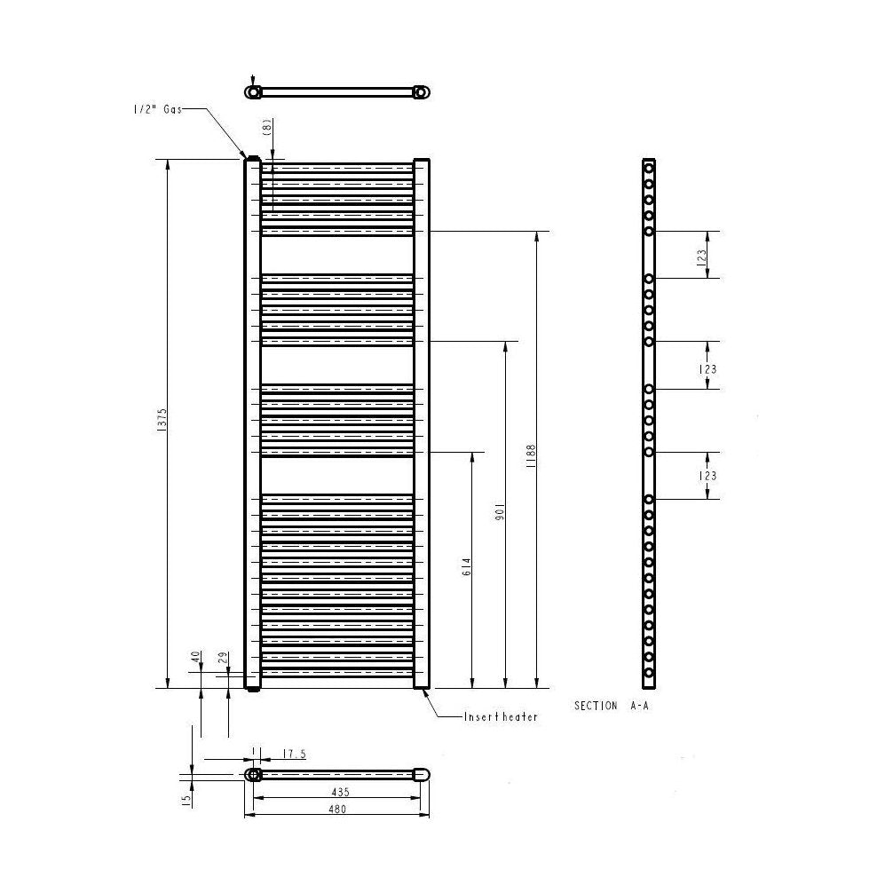 [BHEL152] Balterley Contemporary Electric Vertical Round Towel Rail, 27 Rails, 1375mm x 480mm, 500 Watt Heated Bathroom Accessory - Chrome - Technical Drawing